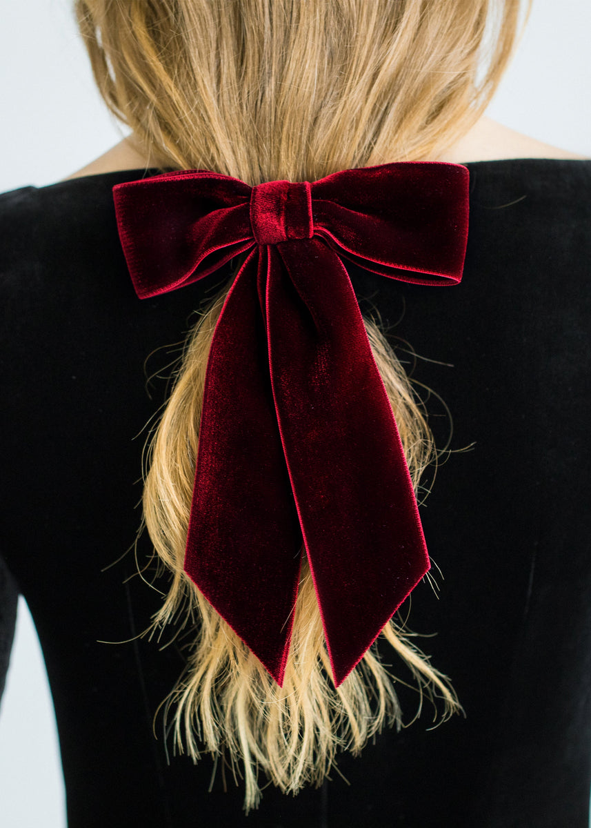 jfybrand Vintage Thin Velvet Ribbon Bow Hair Barrette Midnight / One Size